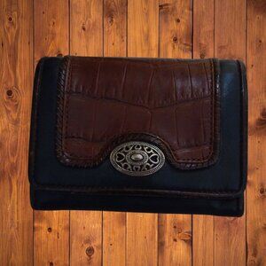 BRIGHTON Black Brown Leather Croc Accent Metal Logo Bifold Wallet Snap Closure